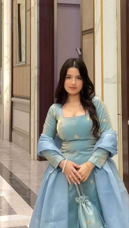 Comfort-Fit Fandy Silk 3-Piece Set with Sequin Detailing & Elastic Waist RTC