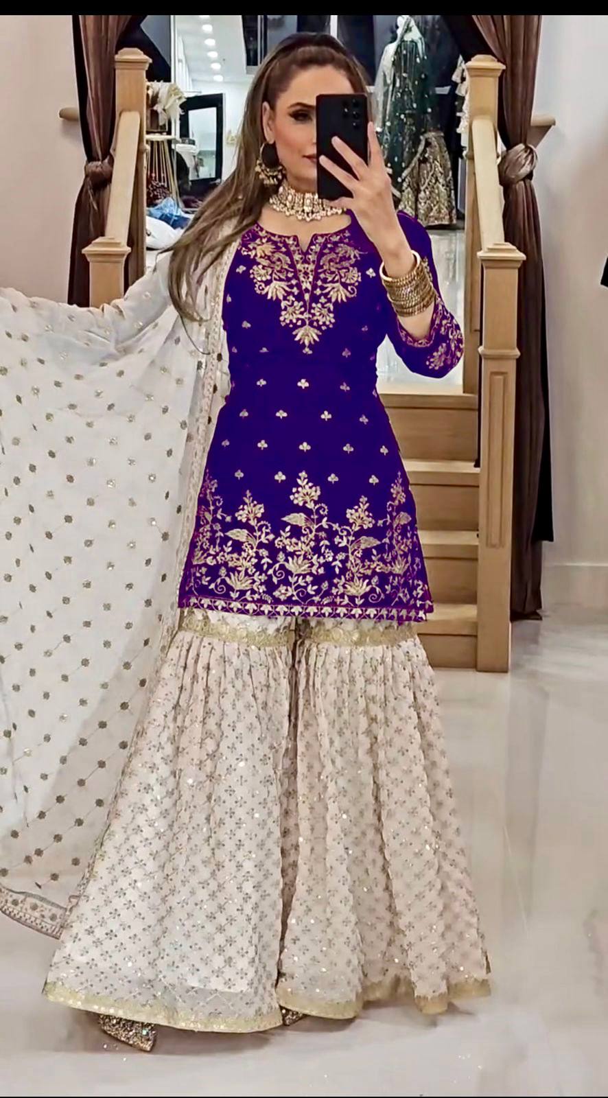 Elegant Party Wear Top in Heavy Faux Georgette with Micro Cotton Inner and Matching Plazzo