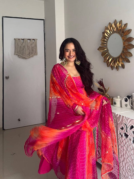 Designer Bandhej Digital Print Anarkali Gown Set with Coordinated Dupatta and Bottom