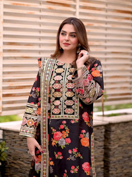 Chinon Silk Three-Piece Set with Embroidered Organza Patch and Fancy Sleeves