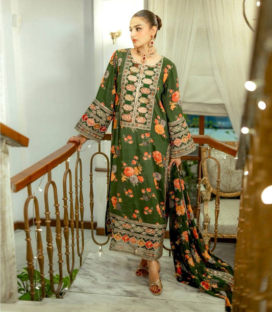 Chinon Silk Three-Piece Set with Embroidered Organza Patch and Fancy Sleeves