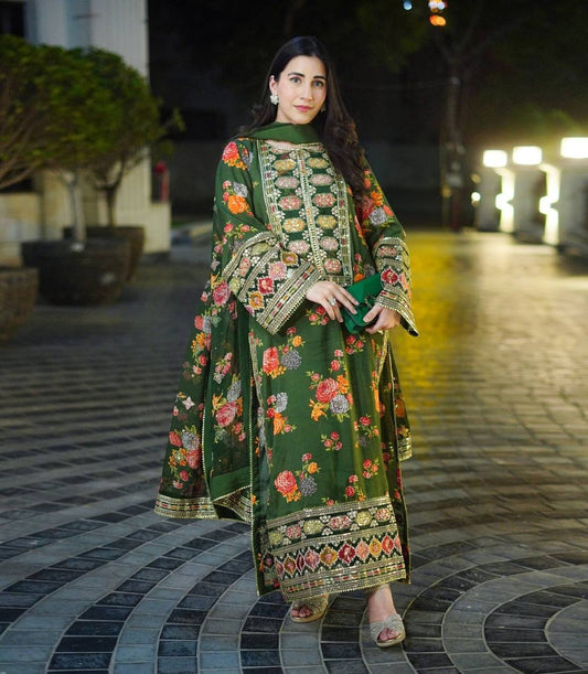 Chinon Silk Three-Piece Set with Embroidered Organza Patch and Fancy Sleeves
