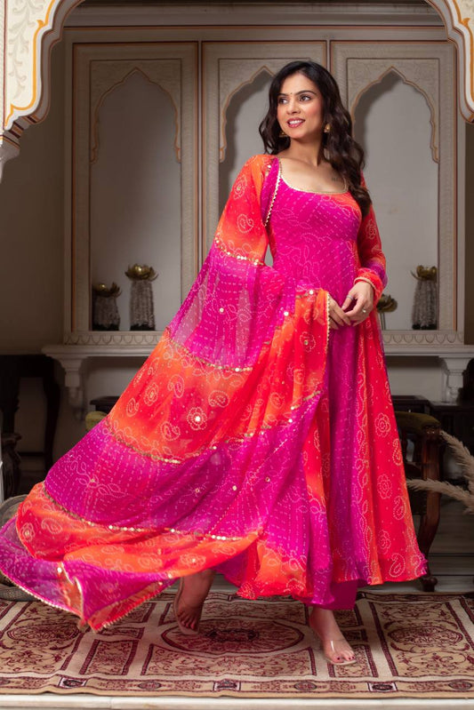 Designer Bandhej Digital Print Anarkali Gown Set with Coordinated Dupatta and Bottom