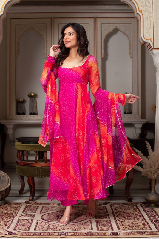 Designer Bandhej Digital Print Anarkali Gown Set with Coordinated Dupatta and Bottom