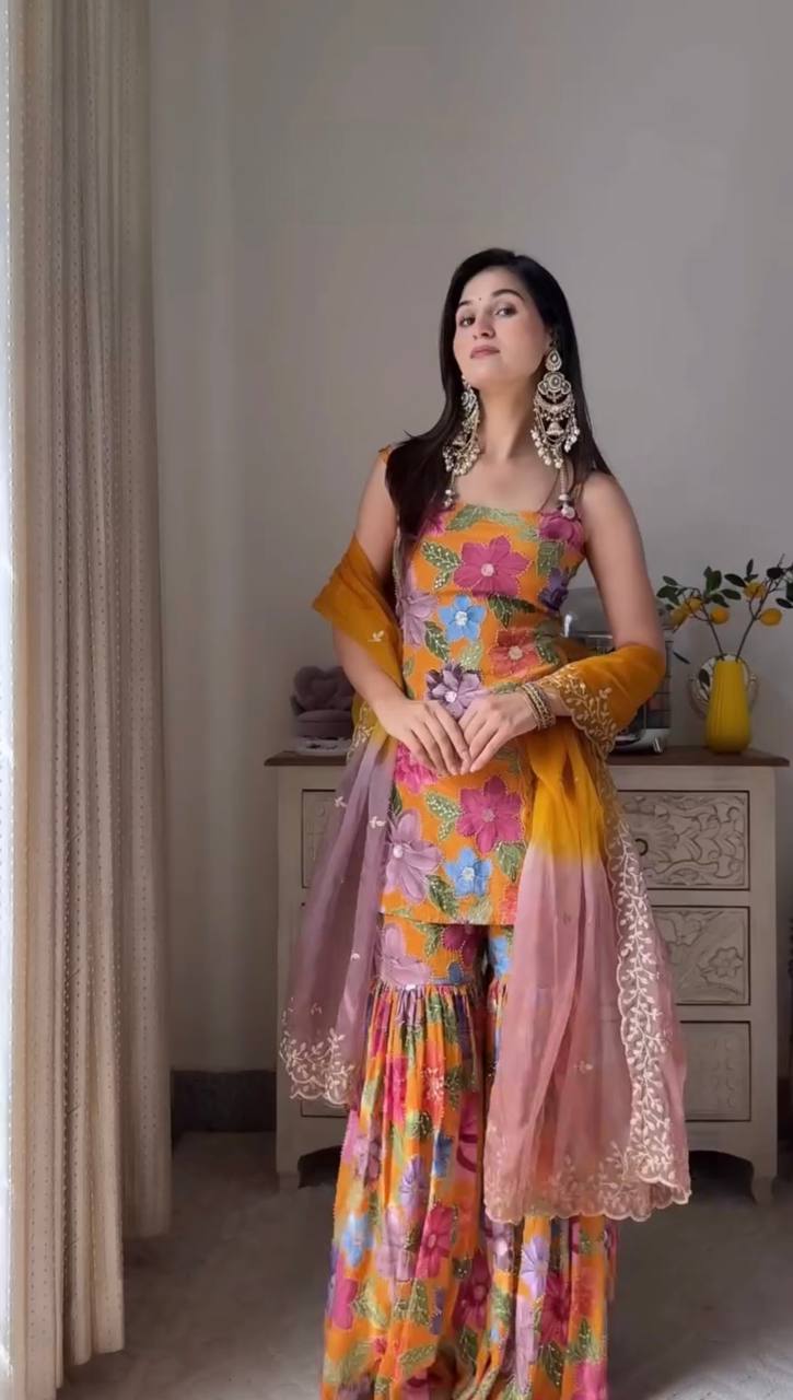 Elegant Pure Chinon Silk Sharara Ensemble with Digital Print and Stone Hand Embroidery