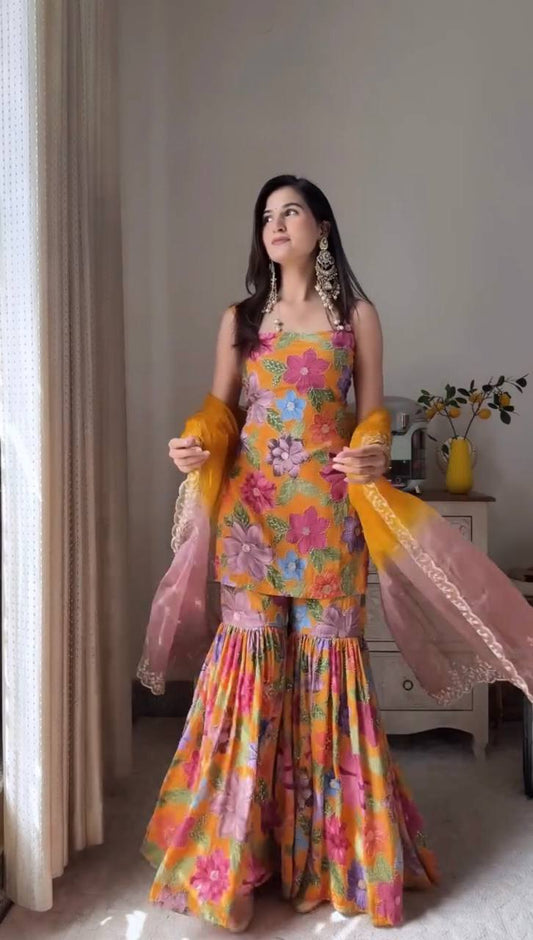 Elegant Pure Chinon Silk Sharara Ensemble with Digital Print and Stone Hand Embroidery