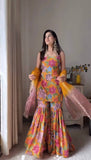 Elegant Pure Chinon Silk Sharara Ensemble with Digital Print and Stone Hand Embroidery