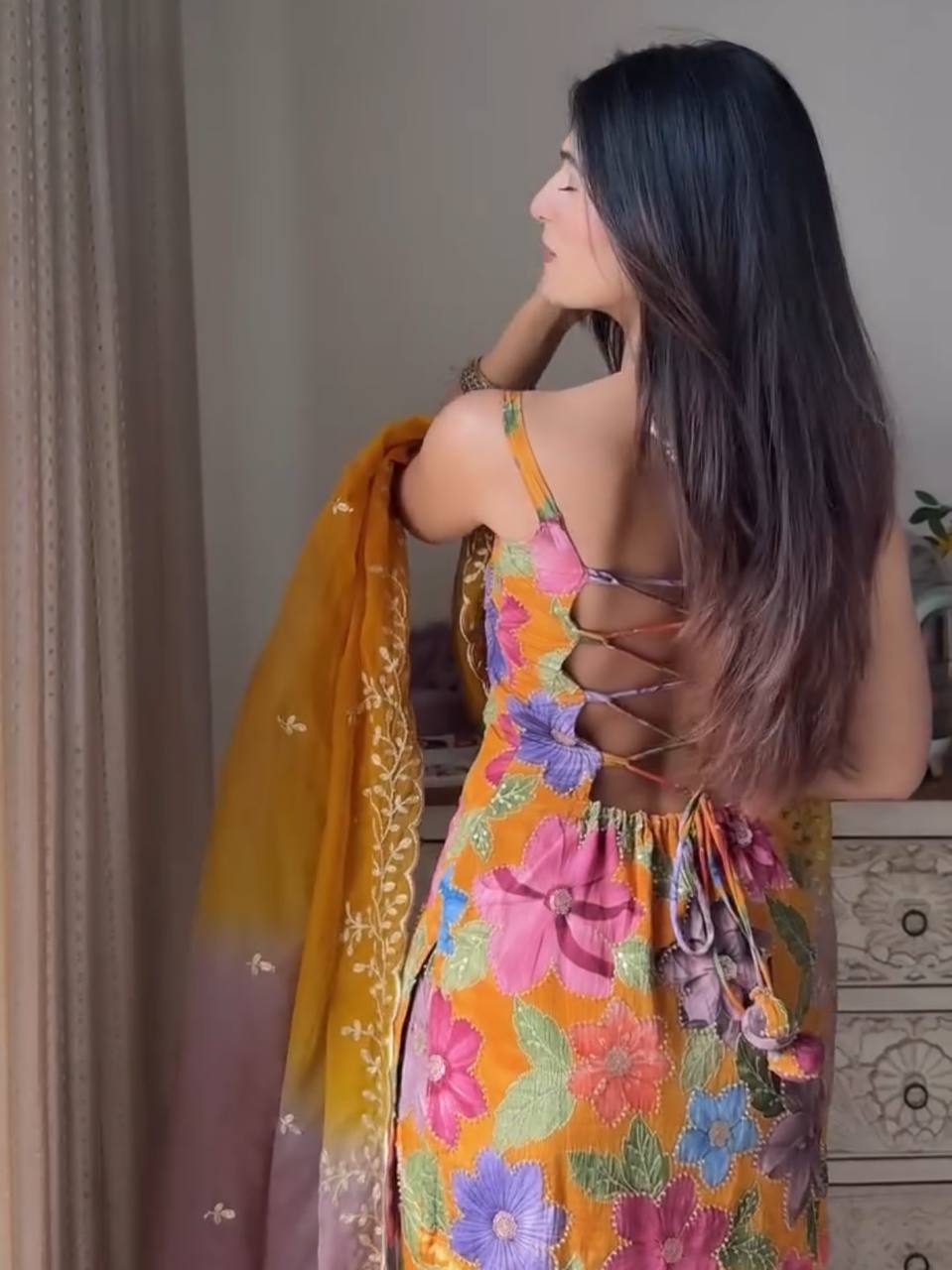 Elegant Pure Chinon Silk Sharara Ensemble with Digital Print and Stone Hand Embroidery