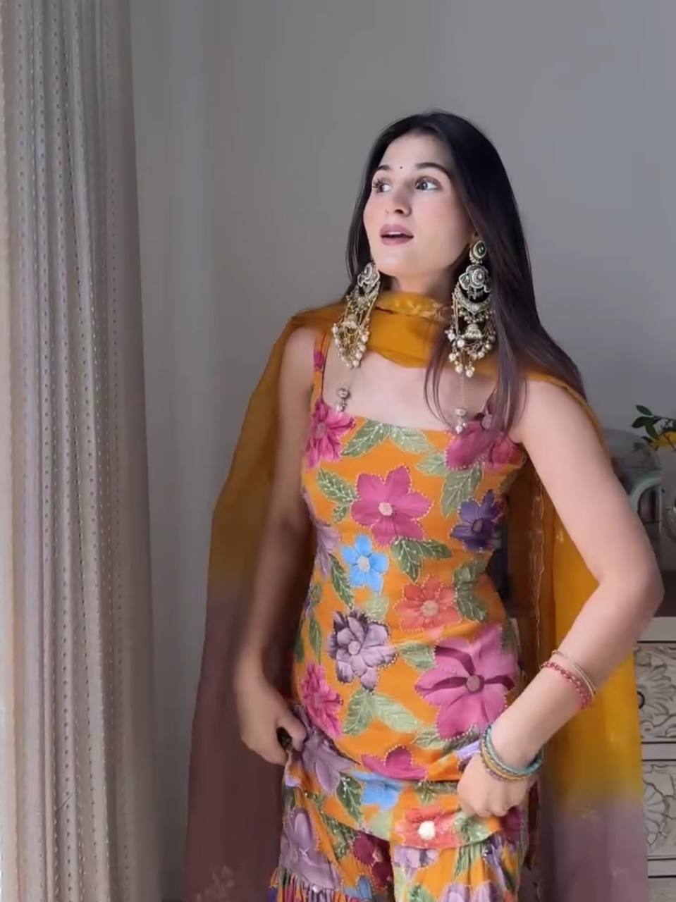 Elegant Pure Chinon Silk Sharara Ensemble with Digital Print and Stone Hand Embroidery