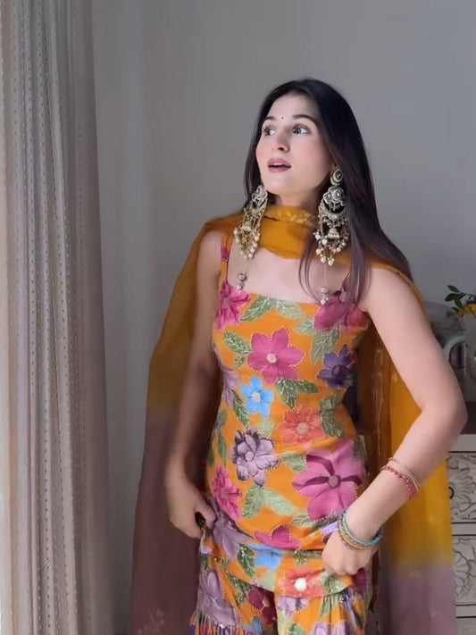 Elegant Pure Chinon Silk Sharara Ensemble with Digital Print and Stone Hand Embroidery
