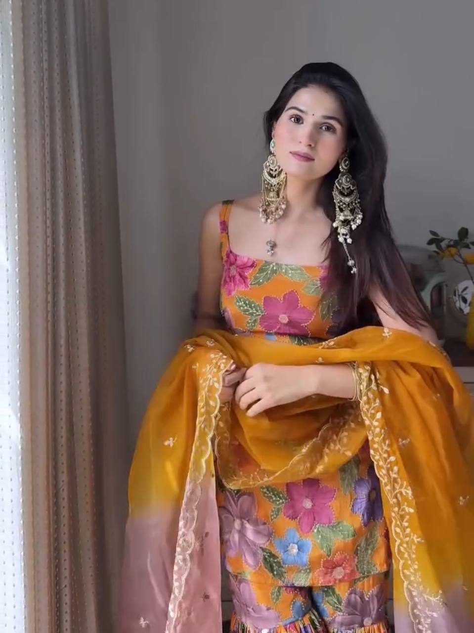 Elegant Pure Chinon Silk Sharara Ensemble with Digital Print and Stone Hand Embroidery