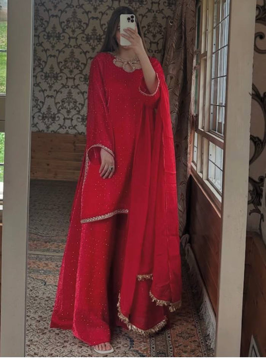 Designer Zimiychu Silk Top and Pant Palazzo with Embroidery & Hotfix Work
