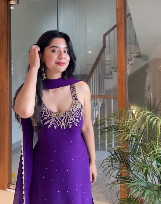 Luxury Faux Georgette Top with Palazzo and Dupatta – Handwork & Embroidery Detailing