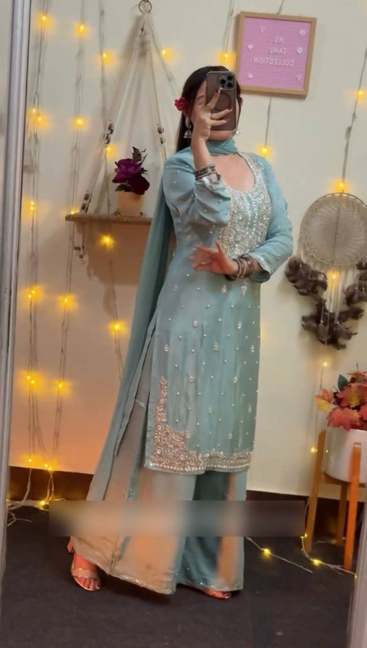 New Ready-to-Wear Fancy Georgette Embroidered Top with Palazzo & Dupatta