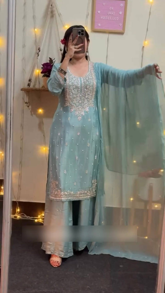 Charming Embroidered Party Wear Top-Plazzo Set in Premium Faux Georgette