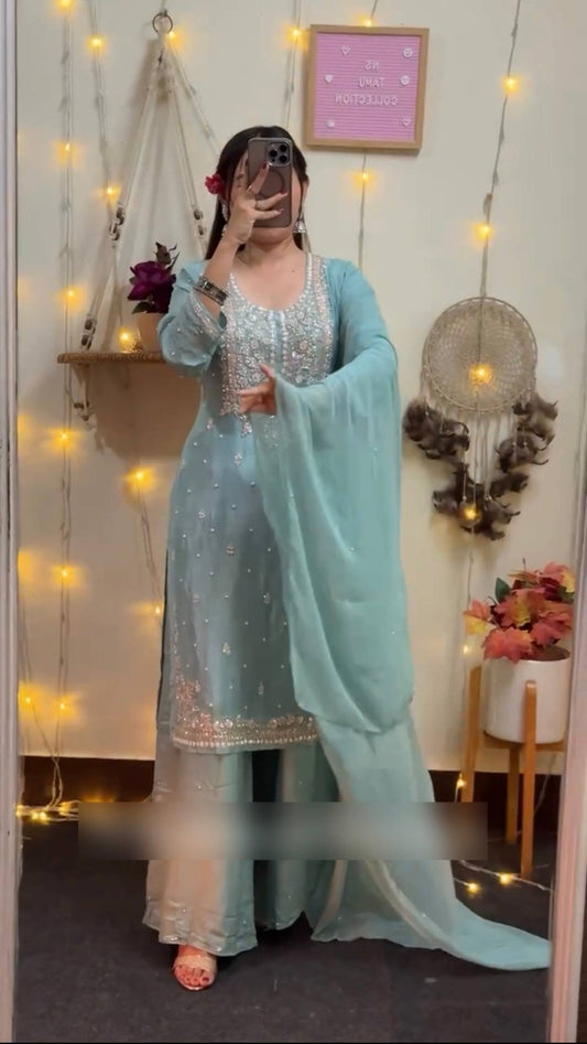 New Ready-to-Wear Fancy Georgette Embroidered Top with Palazzo & Dupatta