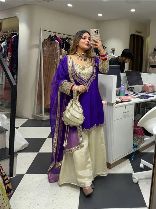 Elegant Party Wear Ensemble in Natural Crepe with Embroidery & Mirror Detailing Maruti Designer (MD)