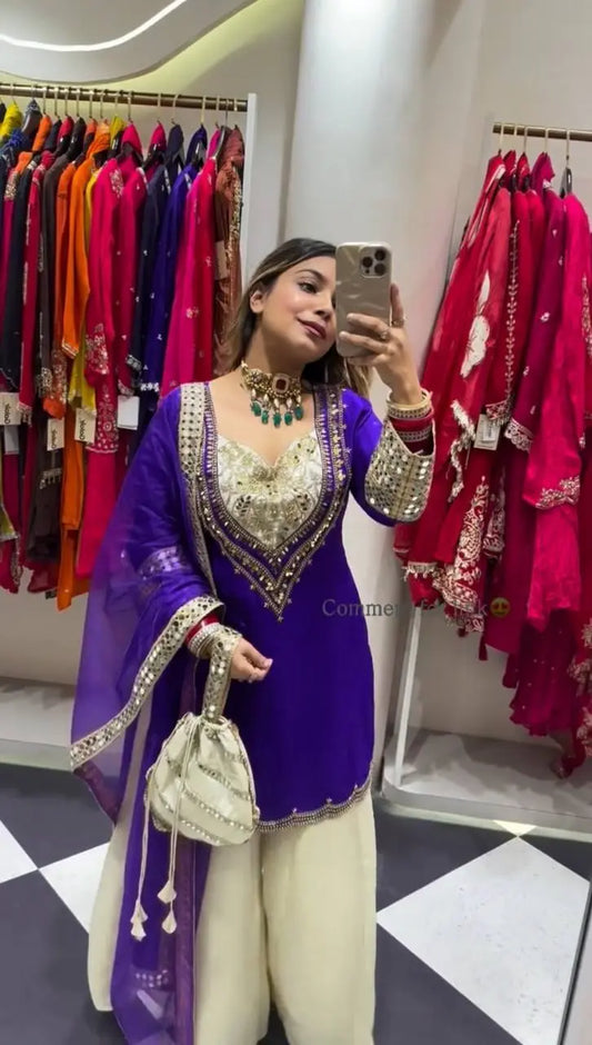 Elegant Party Wear Ensemble in Natural Crepe with Embroidery & Mirror Detailing Maruti Designer (MD)