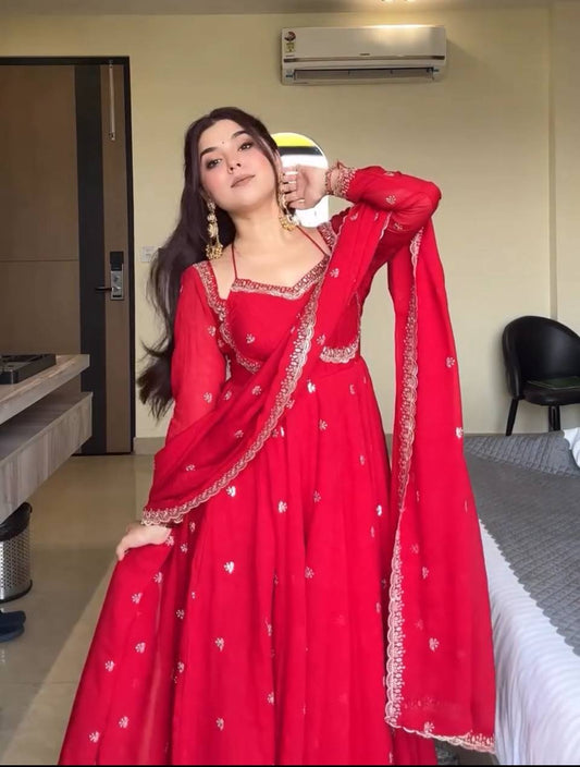 New Designer Party Wear Red Faux Georgette Gown with Heavy Embroidery Work