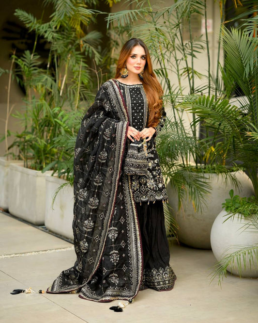 Designer Party Wear Heavy Faux Georgette Top and Khajuri Crush Palazzo Set with Dupatta