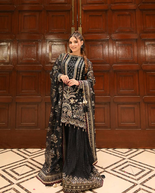 Designer Party Wear Heavy Faux Georgette Top and Khajuri Crush Palazzo Set with Dupatta