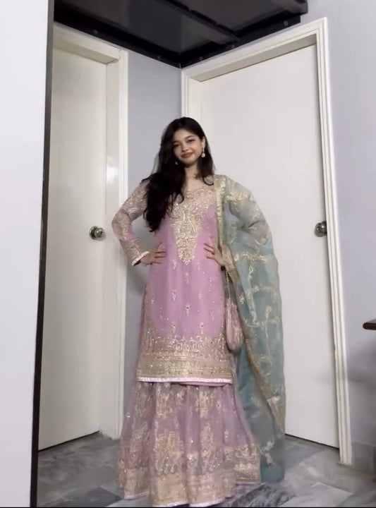 Embroidered Faux Georgette Top & Sharara Palazzo with 3mm Sequins and Mirror Work