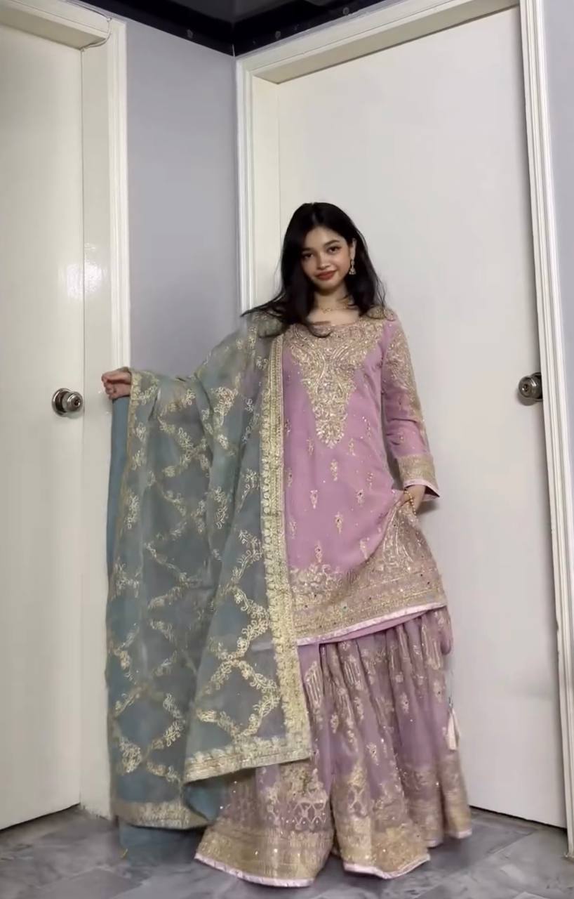Embroidered Faux Georgette Top & Sharara Palazzo with 3mm Sequins and Mirror Work