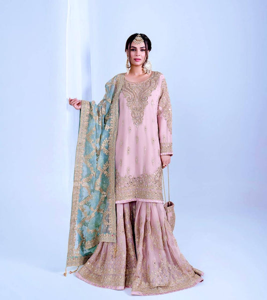 Embroidered Faux Georgette Top & Sharara Palazzo with 3mm Sequins and Mirror Work