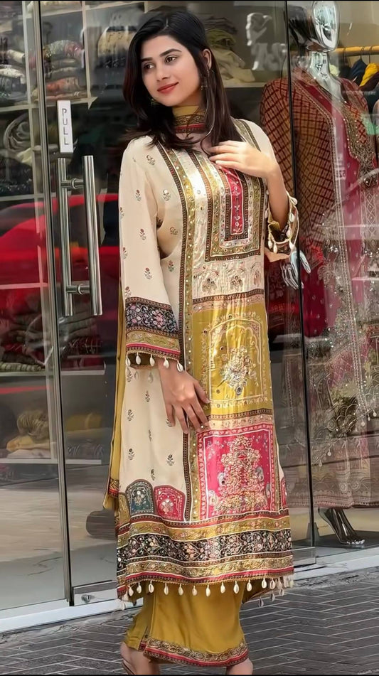 Contemporary Festive Wear A-Line Kurta Set in Digital Print with Mirror Highlights