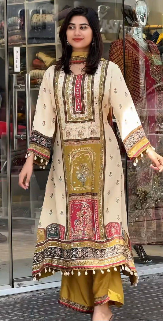 Contemporary Festive Wear A-Line Kurta Set in Digital Print with Mirror Highlights