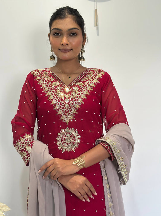Opulent Faux Georgette Top-Plazzo Set Accented with Moti and Sequin Handwork