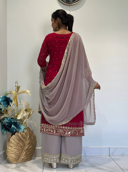 Opulent Faux Georgette Top-Plazzo Set Accented with Moti and Sequin Handwork
