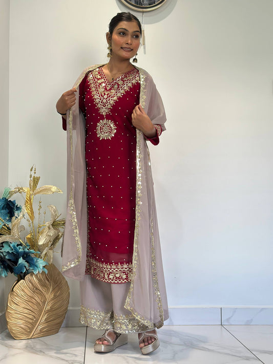 Opulent Faux Georgette Top-Plazzo Set Accented with Moti and Sequin Handwork