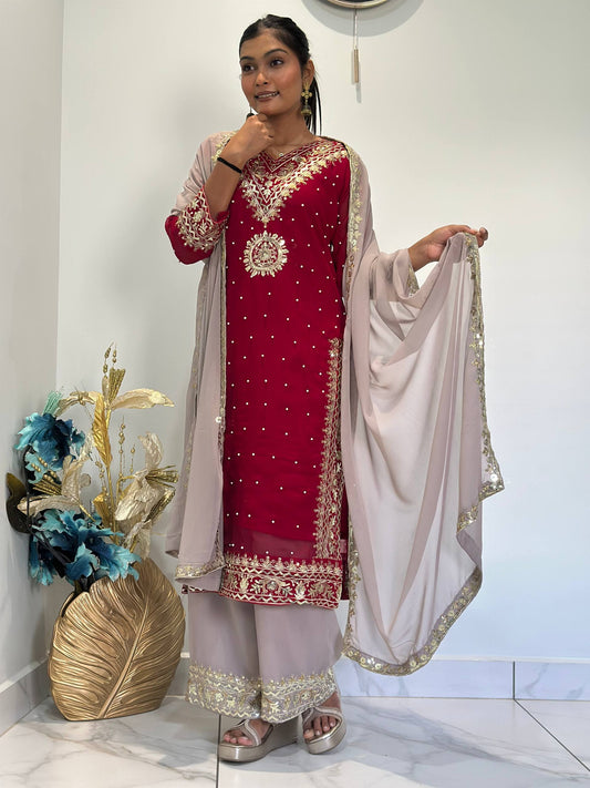 Opulent Faux Georgette Top-Plazzo Set Accented with Moti and Sequin Handwork