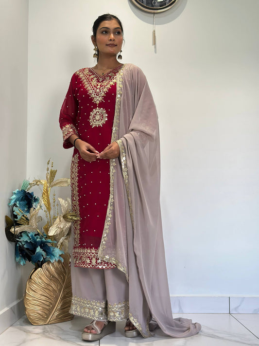 Opulent Faux Georgette Top-Plazzo Set Accented with Moti and Sequin Handwork