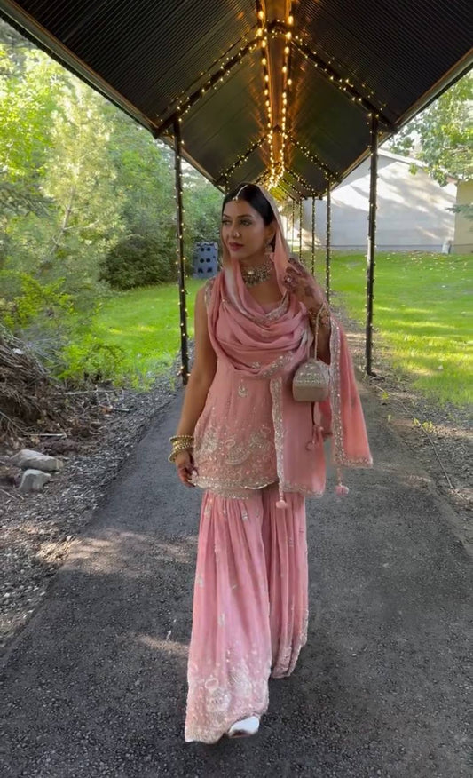 Designer Party Wear Faux Georgette Embroidered Top and Sharara Palazzo Set with Dupatta