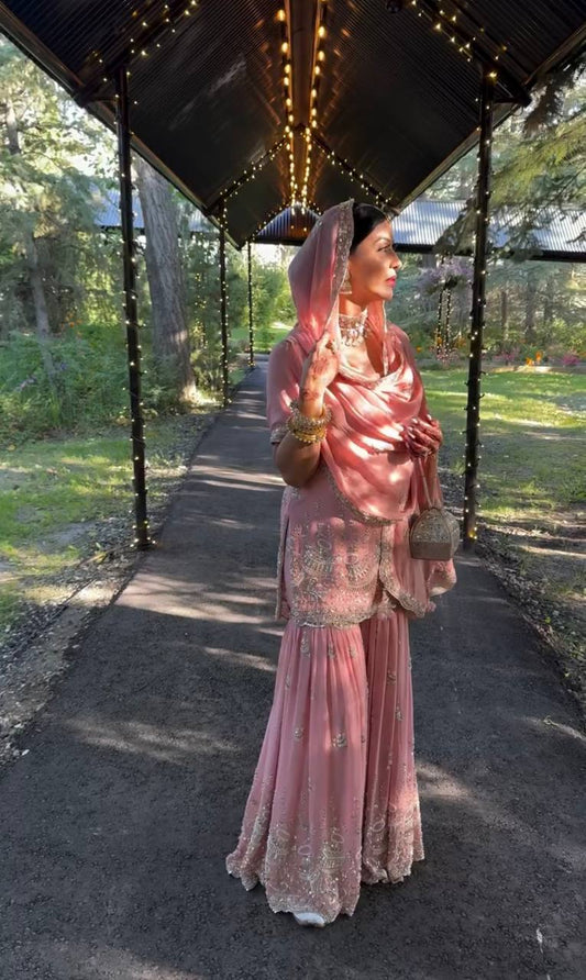 Designer Party Wear Faux Georgette Embroidered Top and Sharara Palazzo Set with Dupatta