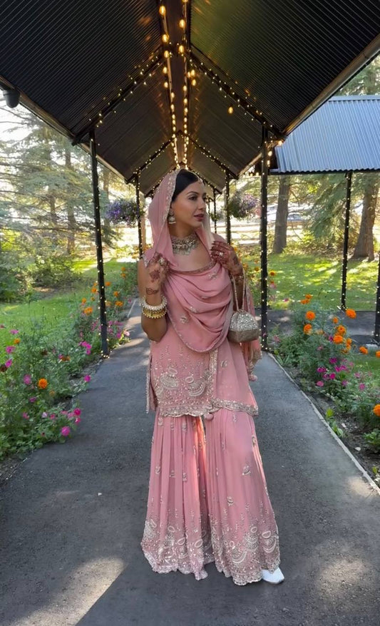 Designer Party Wear Faux Georgette Embroidered Top and Sharara Palazzo Set with Dupatta