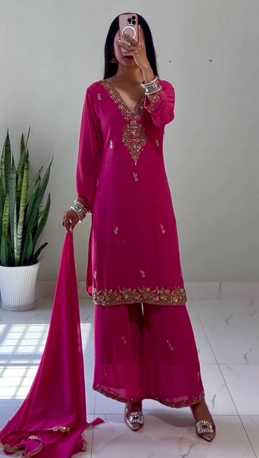 Elegant Ready to Wear Palazzo Set with Heavy Dori Sequence and Riveted Moti Work