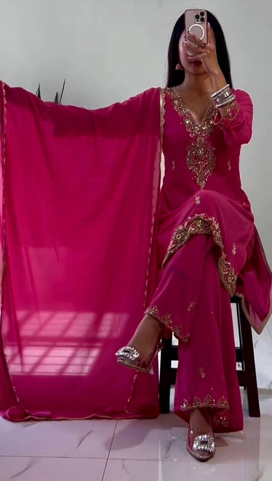Elegant Ready to Wear Palazzo Set with Heavy Dori Sequence and Riveted Moti Work