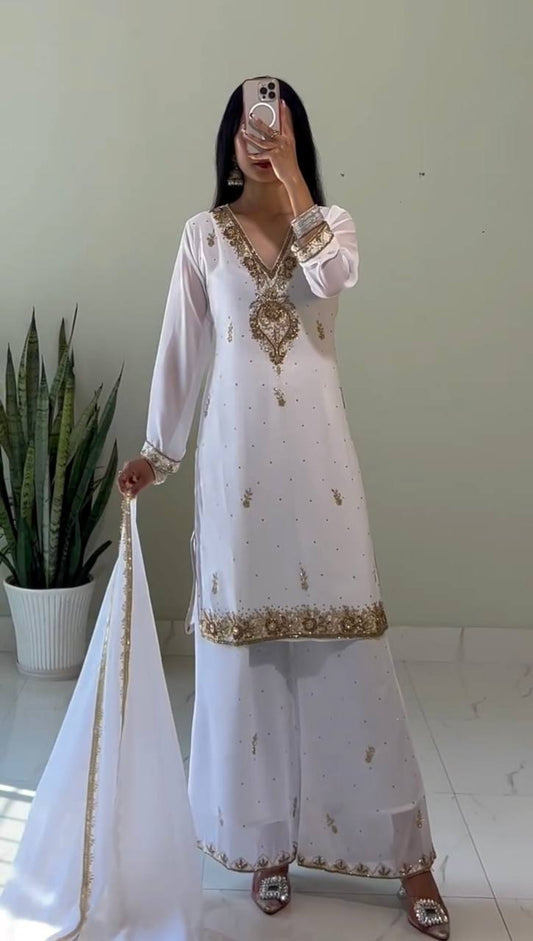 Elegant Ready to Wear Palazzo Set with Heavy Dori Sequence and Riveted Moti Work