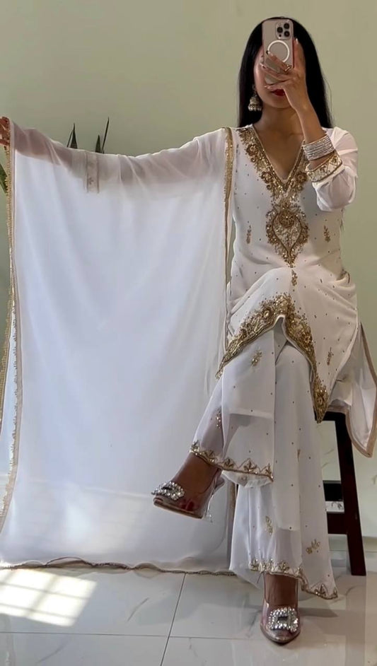 Elegant Ready to Wear Palazzo Set with Heavy Dori Sequence and Riveted Moti Work