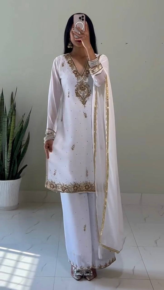 Elegant Ready to Wear Palazzo Set with Heavy Dori Sequence and Riveted Moti Work