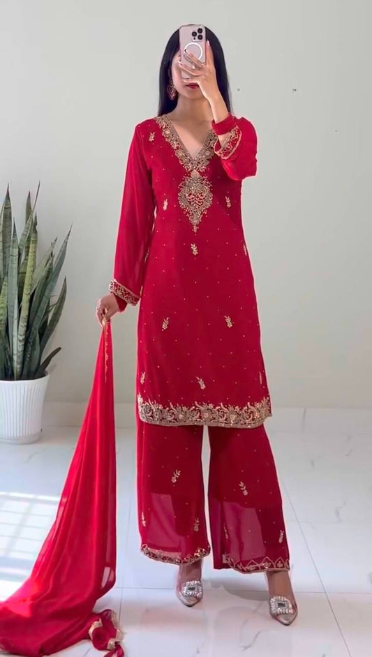 Elegant Ready to Wear Palazzo Set with Heavy Dori Sequence and Riveted Moti Work