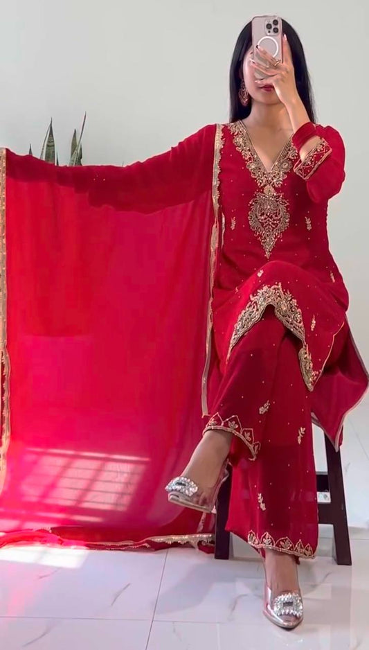 Elegant Ready to Wear Palazzo Set with Heavy Dori Sequence and Riveted Moti Work