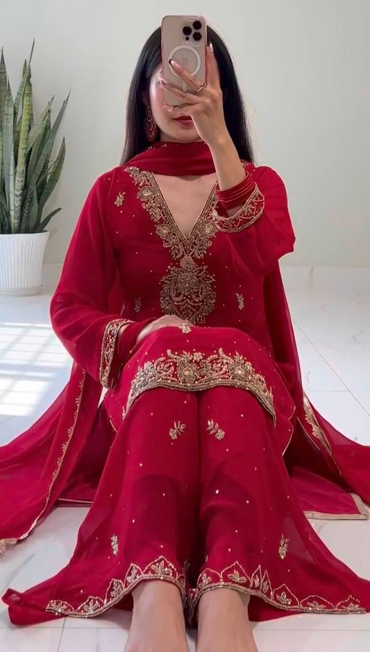 Elegant Ready to Wear Palazzo Set with Heavy Dori Sequence and Riveted Moti Work