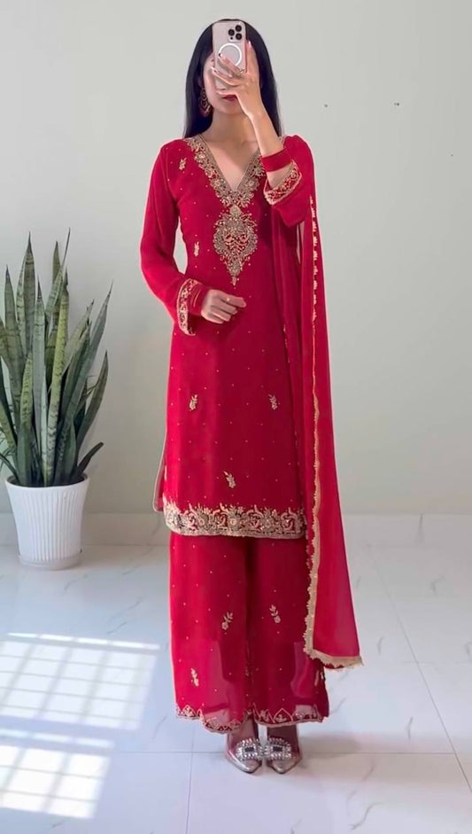 Elegant Ready to Wear Palazzo Set with Heavy Dori Sequence and Riveted Moti Work