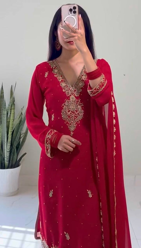 Elegant Ready to Wear Palazzo Set with Heavy Dori Sequence and Riveted Moti Work