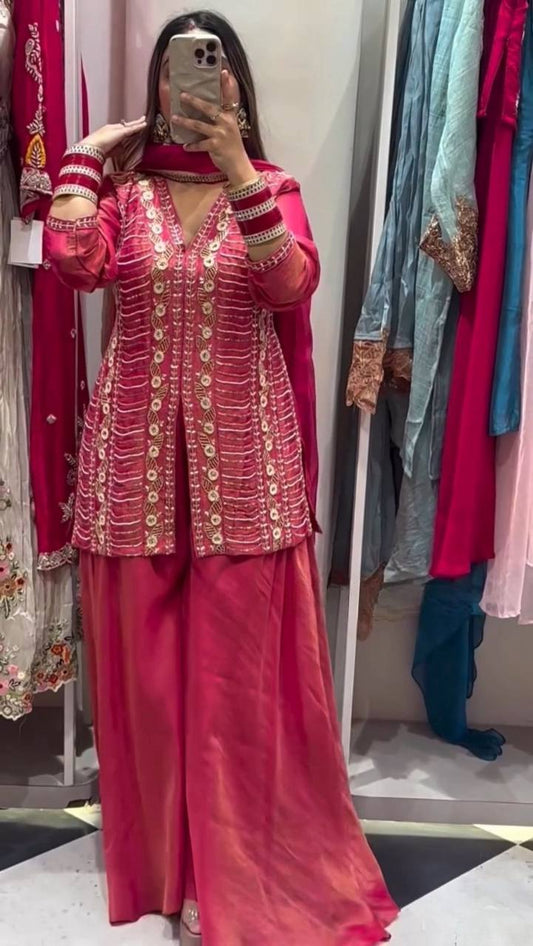 Exclusive Simar Silk Designer Outfit Showcasing Intricate Hand Embroidery and Tabby Silk Dupatta