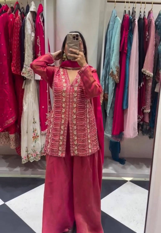 Exclusive Simar Silk Designer Outfit Showcasing Intricate Hand Embroidery and Tabby Silk Dupatta